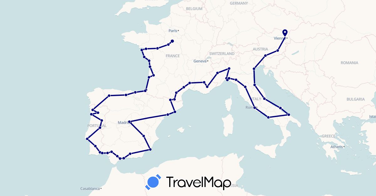 TravelMap itinerary: driving in Andorra, Austria, Spain, France, Italy, Portugal, San Marino (Europe)